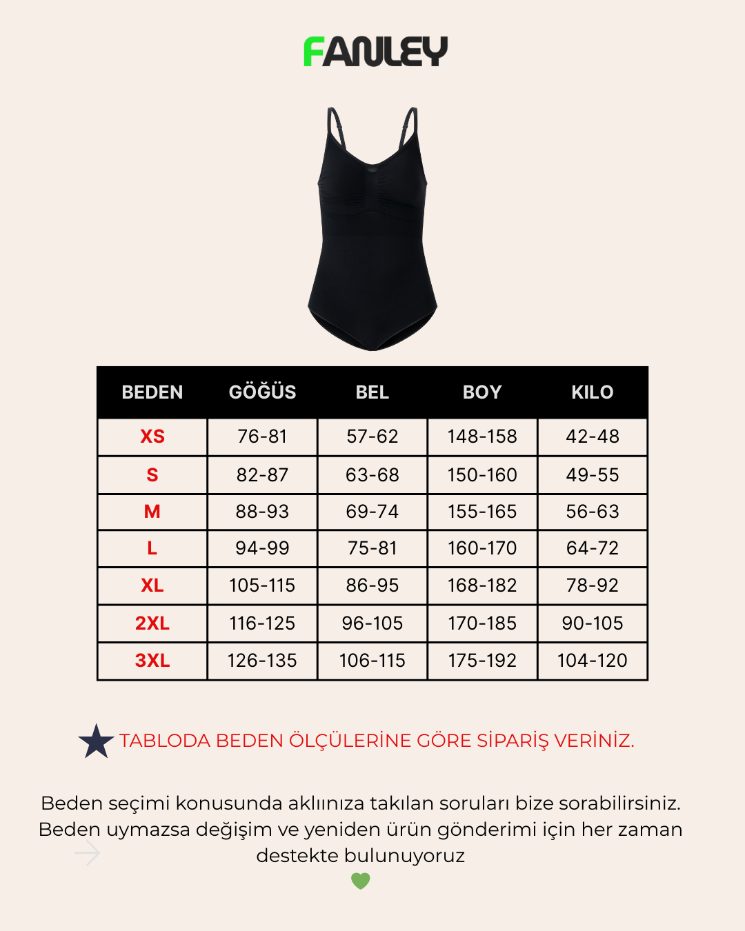 fanley incelti bodysuit korse beden tablosu doğru beden seçimi ölçü rehberi